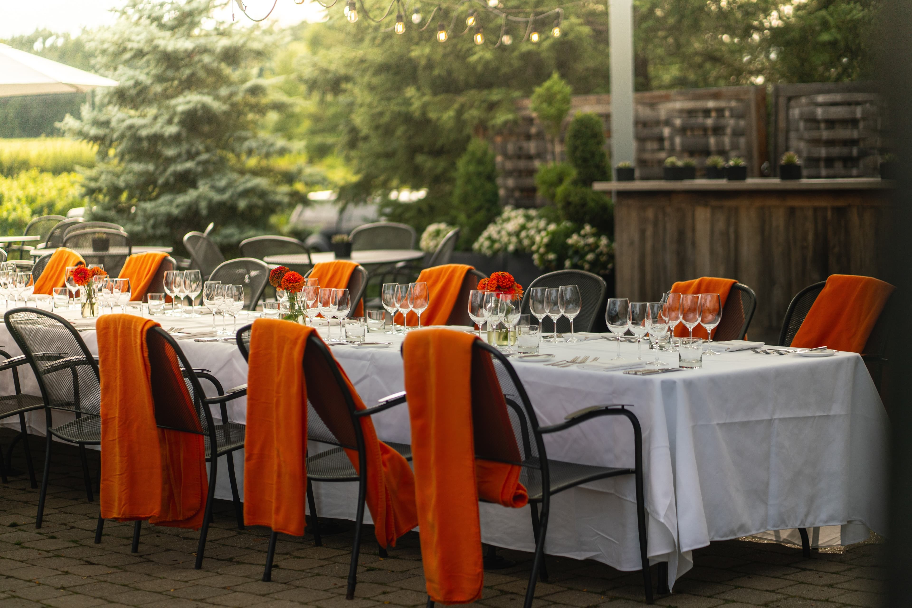 Winery patio table set for dinner with orange throws over chairs