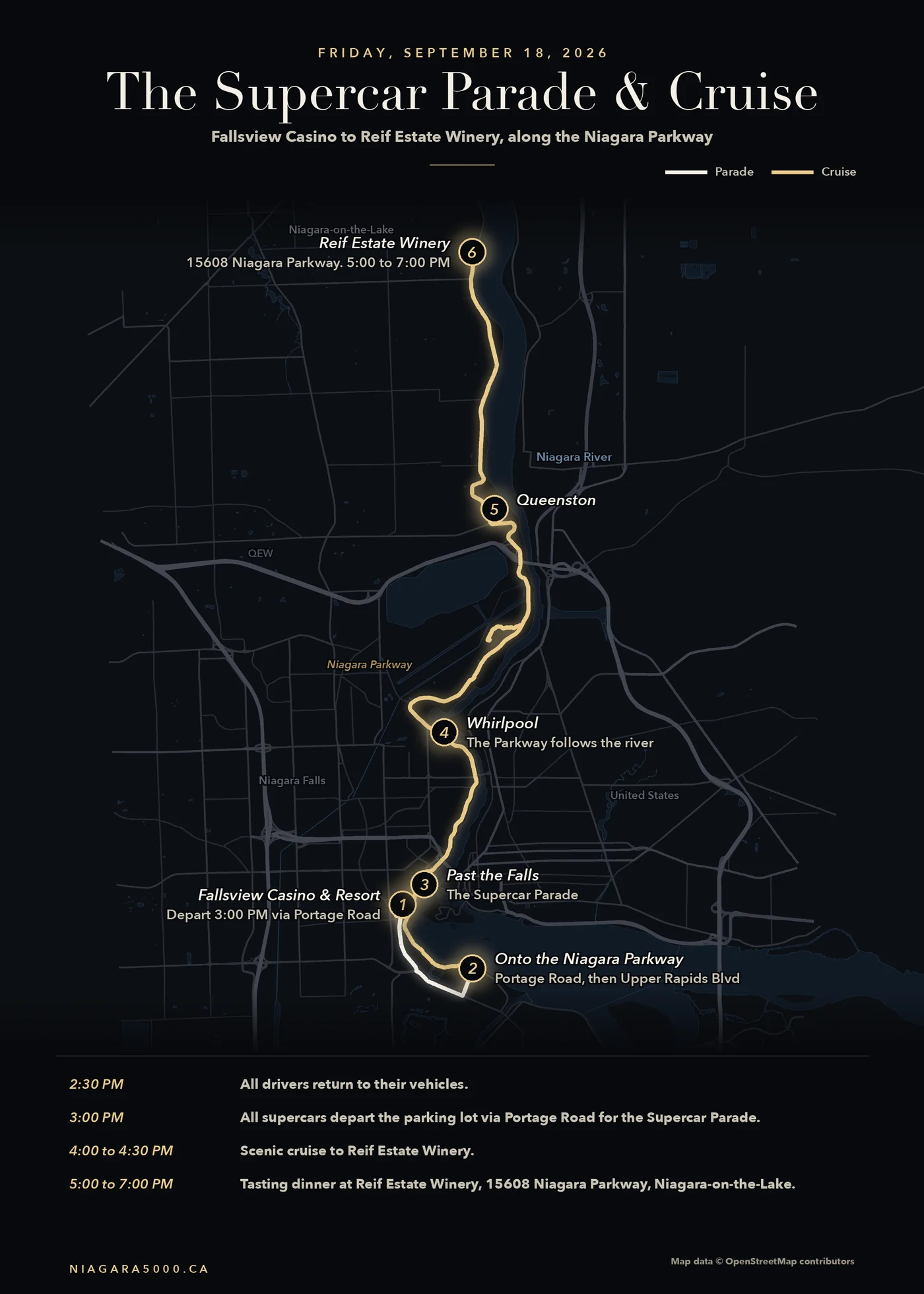The Supercar Parade and Cruise: Fallsview Casino to Reif Estate Winery along the Niagara Parkway